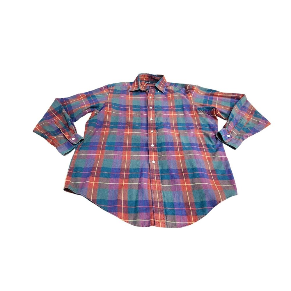Y2K Ralph Lauren Men's Plaid Long Sleeve Shirt Large Preppy Colorful Vintage